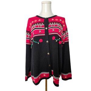 Willow Ridge Large Vintage 90's Rosebud Crochet Cardigan Sweater Red Cottagecore